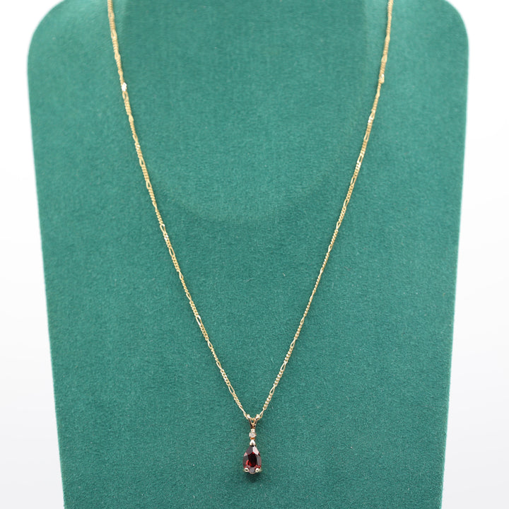 14K Yellow Gold Garnet Teardrop 8mm x 5mm 16.5 Inch Chain Necklace