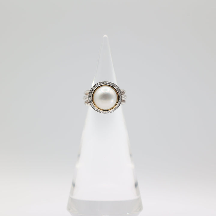 925 Silver/14K Gold RL 11.5mm Pearl & Diamond Halo Twisted Ring Size 6.75