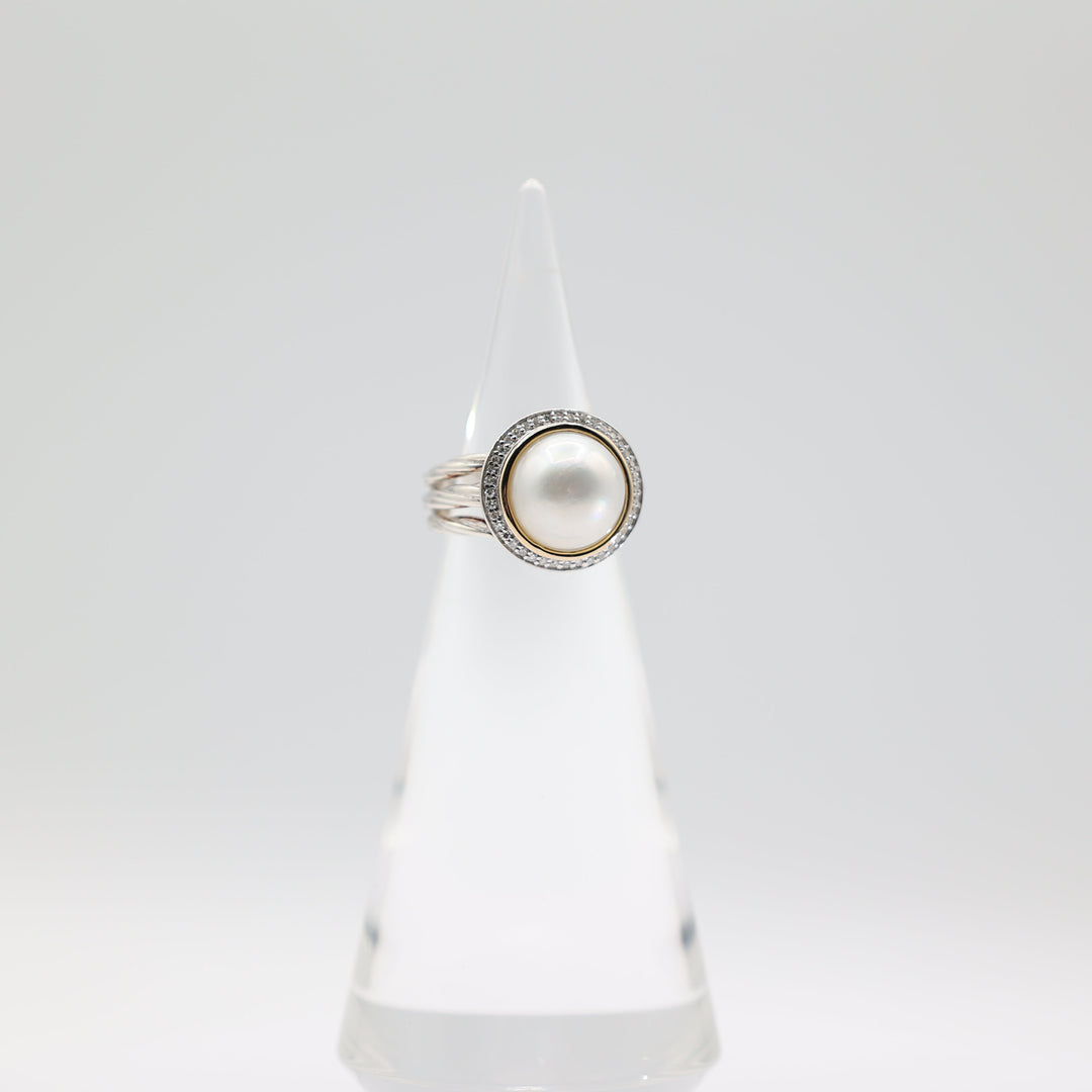 925 Silver/14K Gold RL 11.5mm Pearl & Diamond Halo Twisted Ring Size 6.75