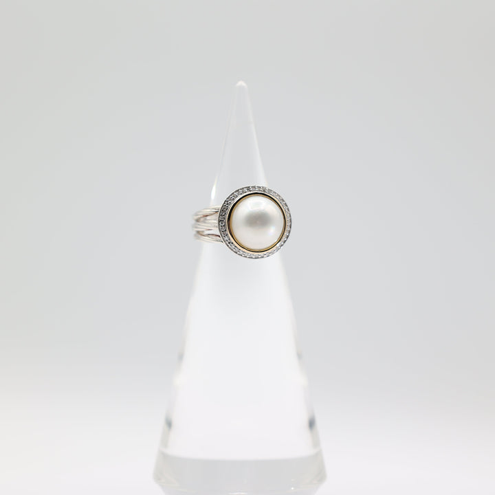 925 Silver/14K Gold RL 11.5mm Pearl & Diamond Halo Twisted Ring Size 6.75