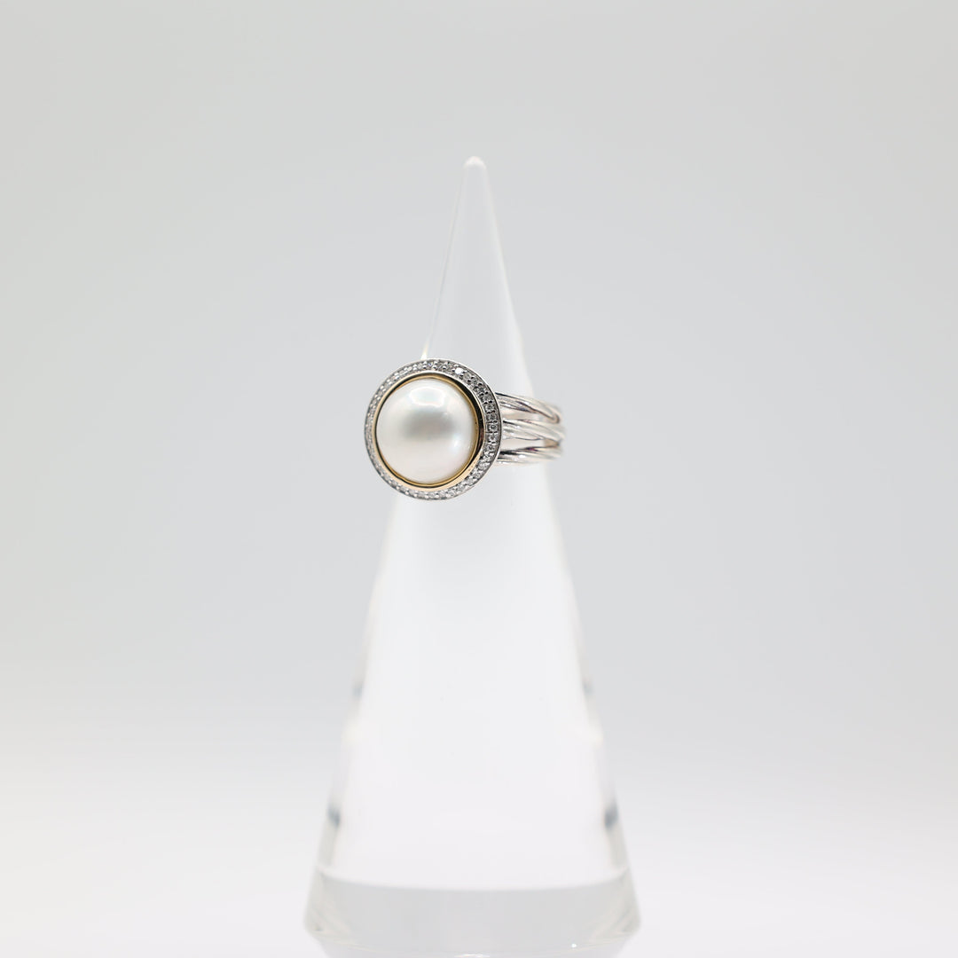 925 Silver/14K Gold RL 11.5mm Pearl & Diamond Halo Twisted Ring Size 6.75
