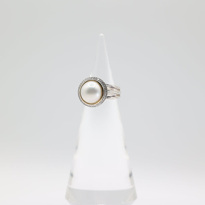 925 Silver/14K Gold RL 11.5mm Pearl & Diamond Halo Twisted Ring Size 6.75