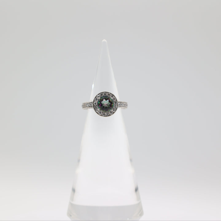 925 Sterling Silver CZ Halo and 8mm Round Mystic Quartz Ring Size 7.5