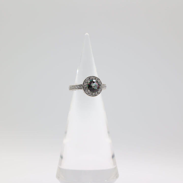 925 Sterling Silver CZ Halo and 8mm Round Mystic Quartz Ring Size 7.5
