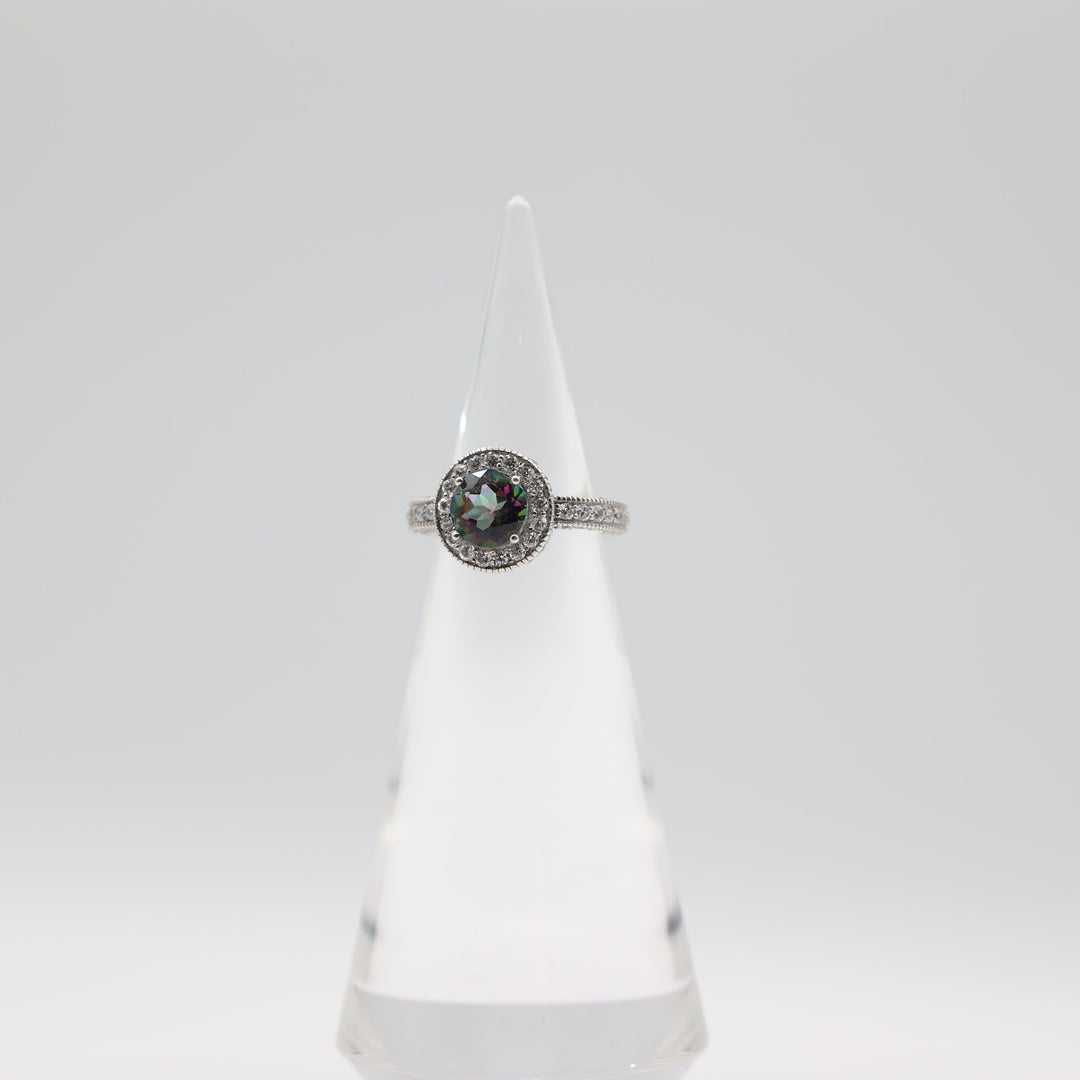 925 Sterling Silver CZ Halo and 8mm Round Mystic Quartz Ring Size 7.5