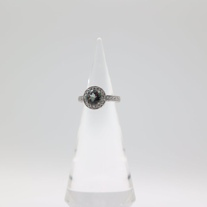925 Sterling Silver CZ Halo and 8mm Round Mystic Quartz Ring Size 7.5