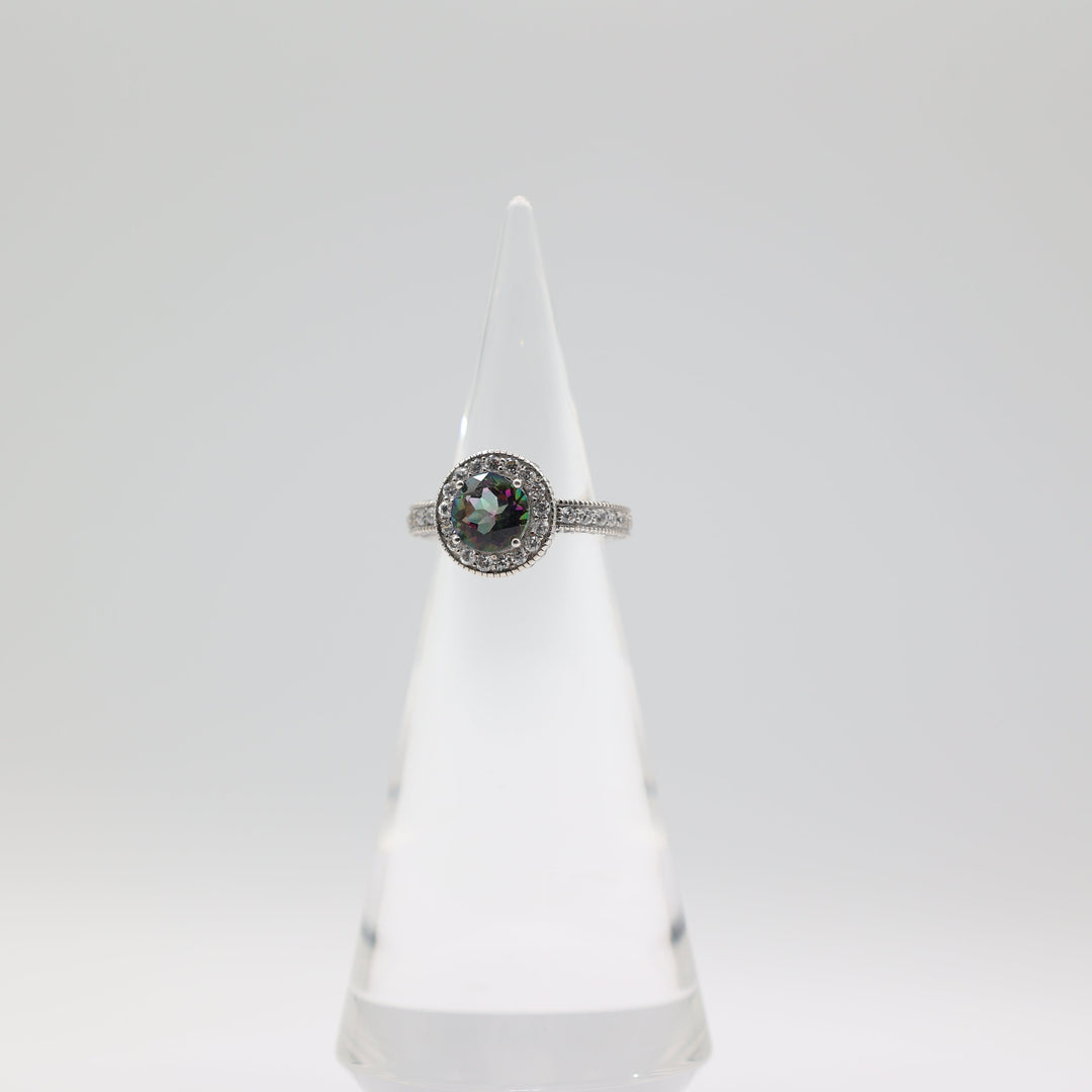 925 Sterling Silver CZ Halo and 8mm Round Mystic Quartz Ring Size 7.5