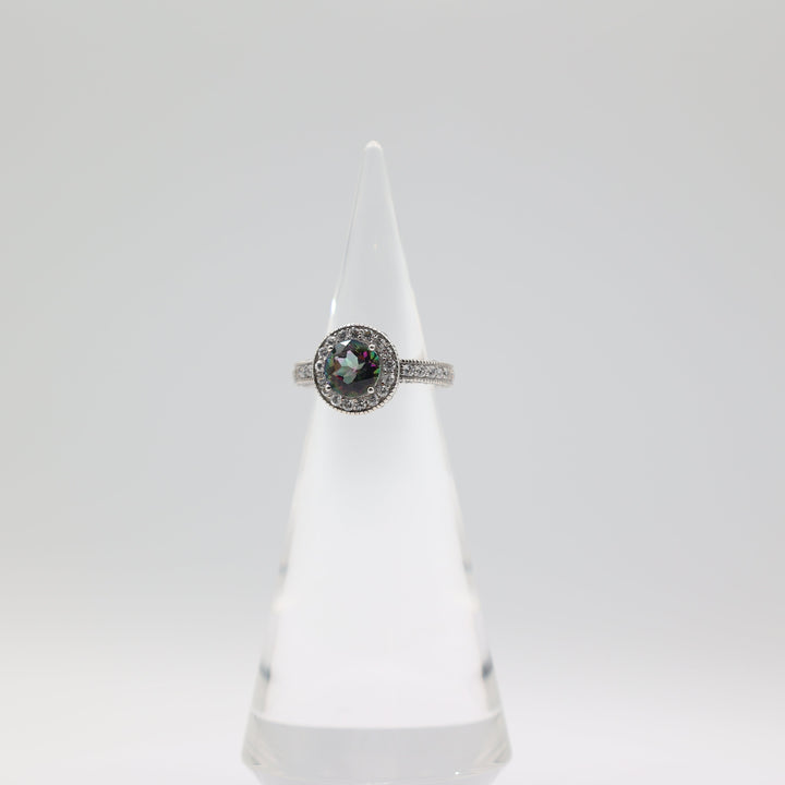 925 Sterling Silver CZ Halo and 8mm Round Mystic Quartz Ring Size 7.5