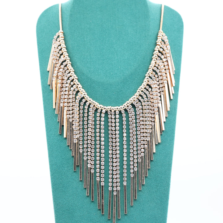 Costume Yellow Gold Plated Fringe Necklace with dangling rhinestones