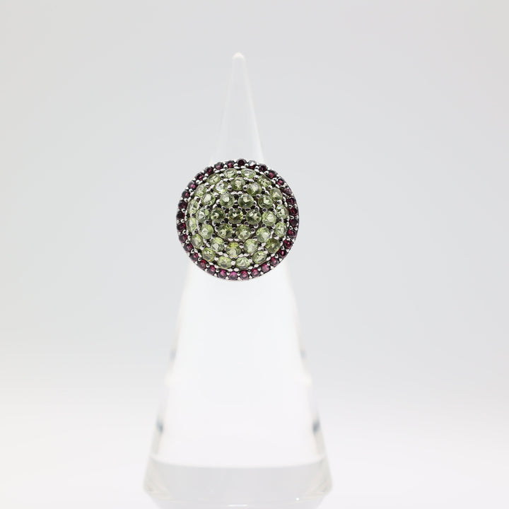 925 Sterling Silver Dome Green Quartz and Pink Quartz Halo Ring Size 8