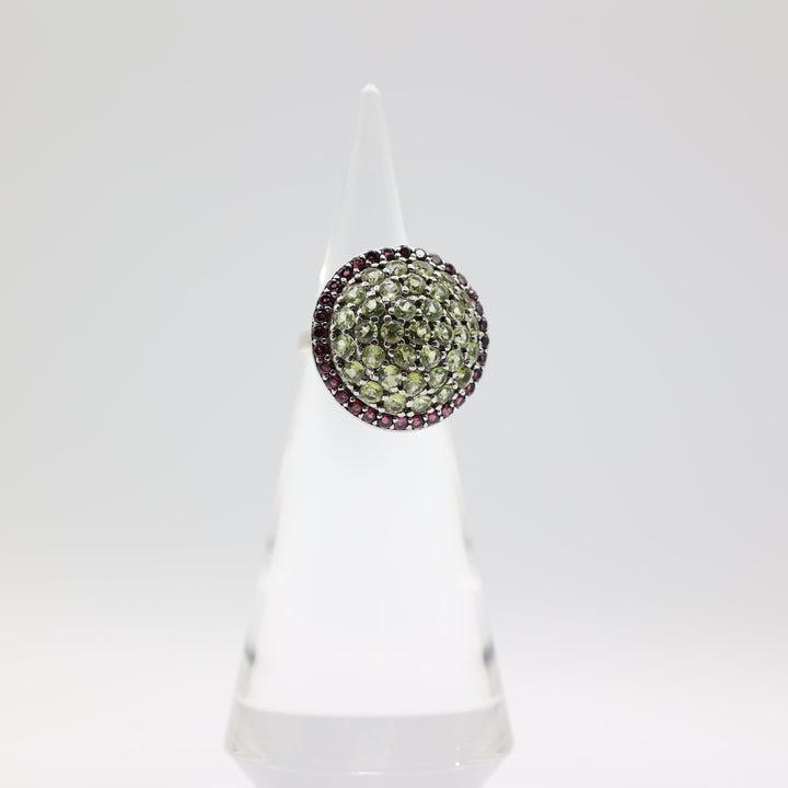 925 Sterling Silver Dome Green Quartz and Pink Quartz Halo Ring Size 8