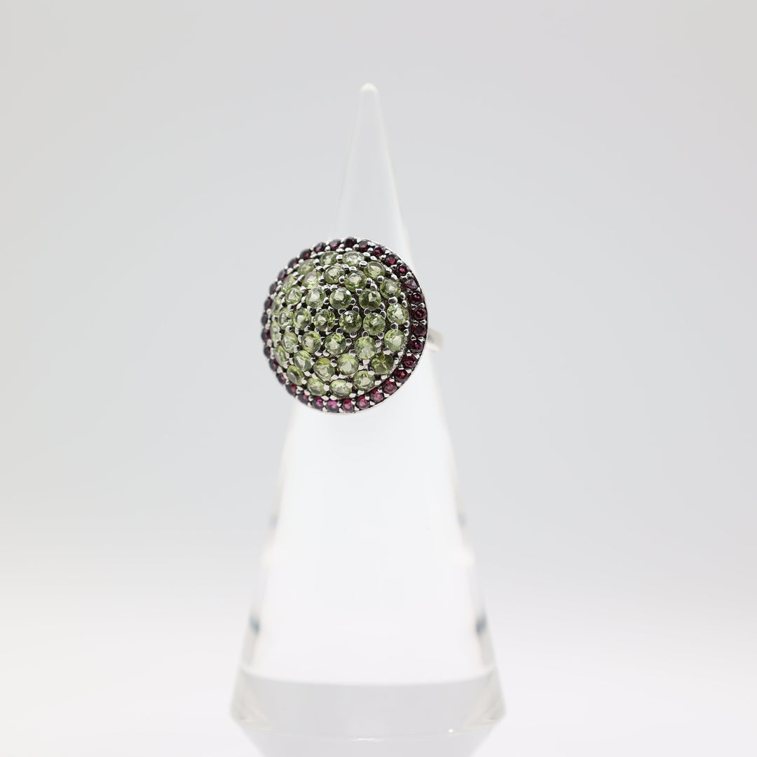 925 Sterling Silver Dome Green Quartz and Pink Quartz Halo Ring Size 8
