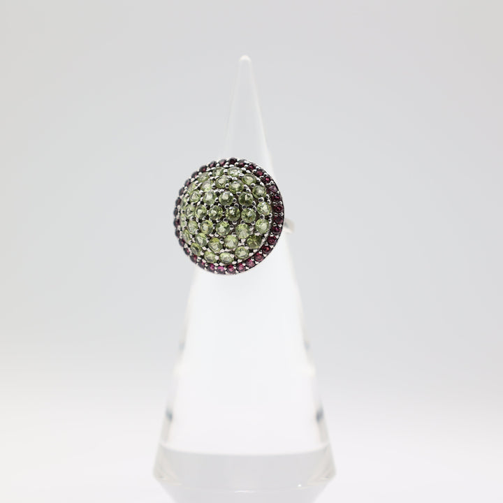 925 Sterling Silver Dome Green Quartz and Pink Quartz Halo Ring Size 8
