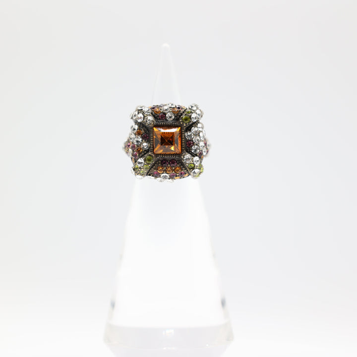 Heidi Daus Square Green, Purple, White, and Orange Stones Cocktail Ring Size 7