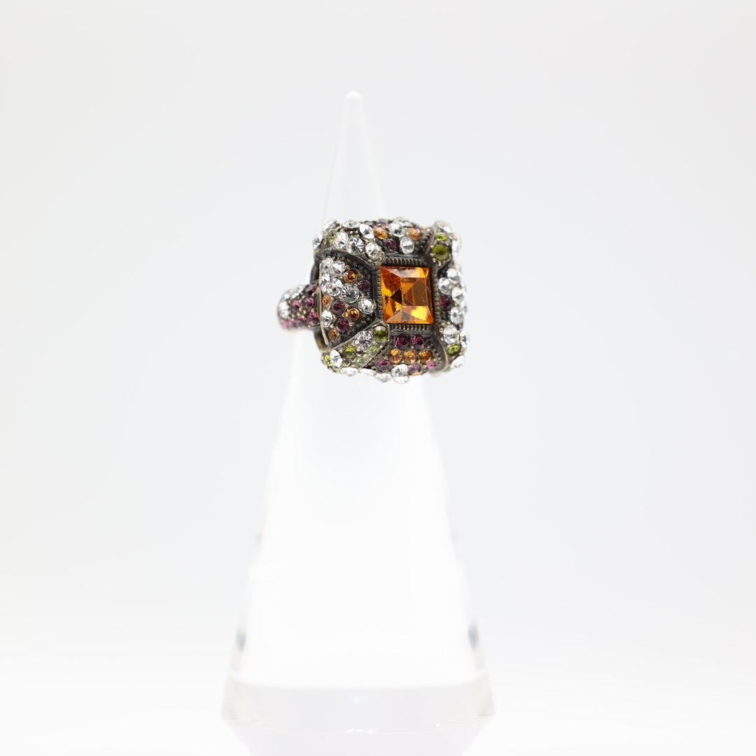 Heidi Daus Square Green, Purple, White, and Orange Stones Cocktail Ring Size 7