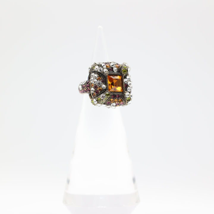 Heidi Daus Square Green, Purple, White, and Orange Stones Cocktail Ring Size 7