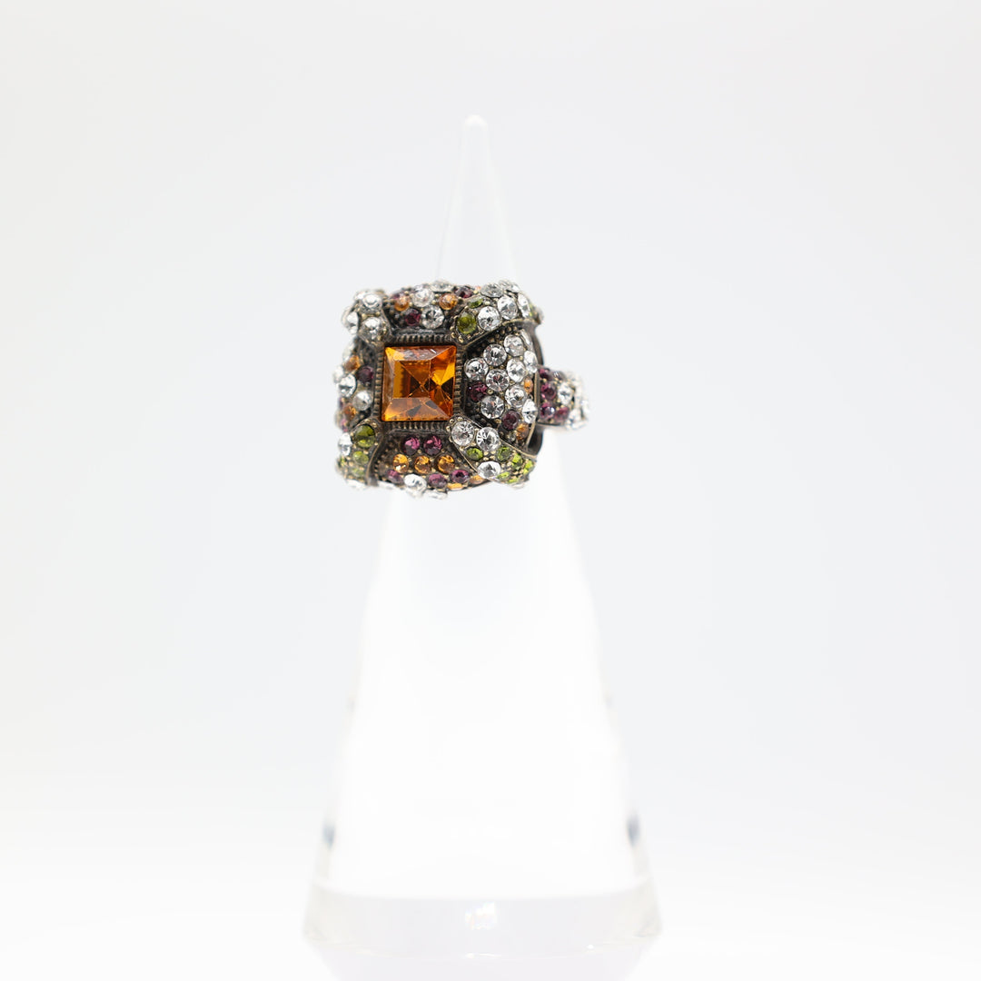 Heidi Daus Square Green, Purple, White, and Orange Stones Cocktail Ring Size 7