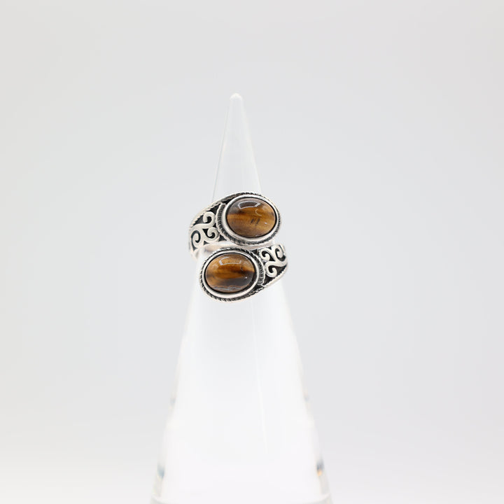 925 Sterling Silver Double Tigers Eye Stone Ring Size 6.25