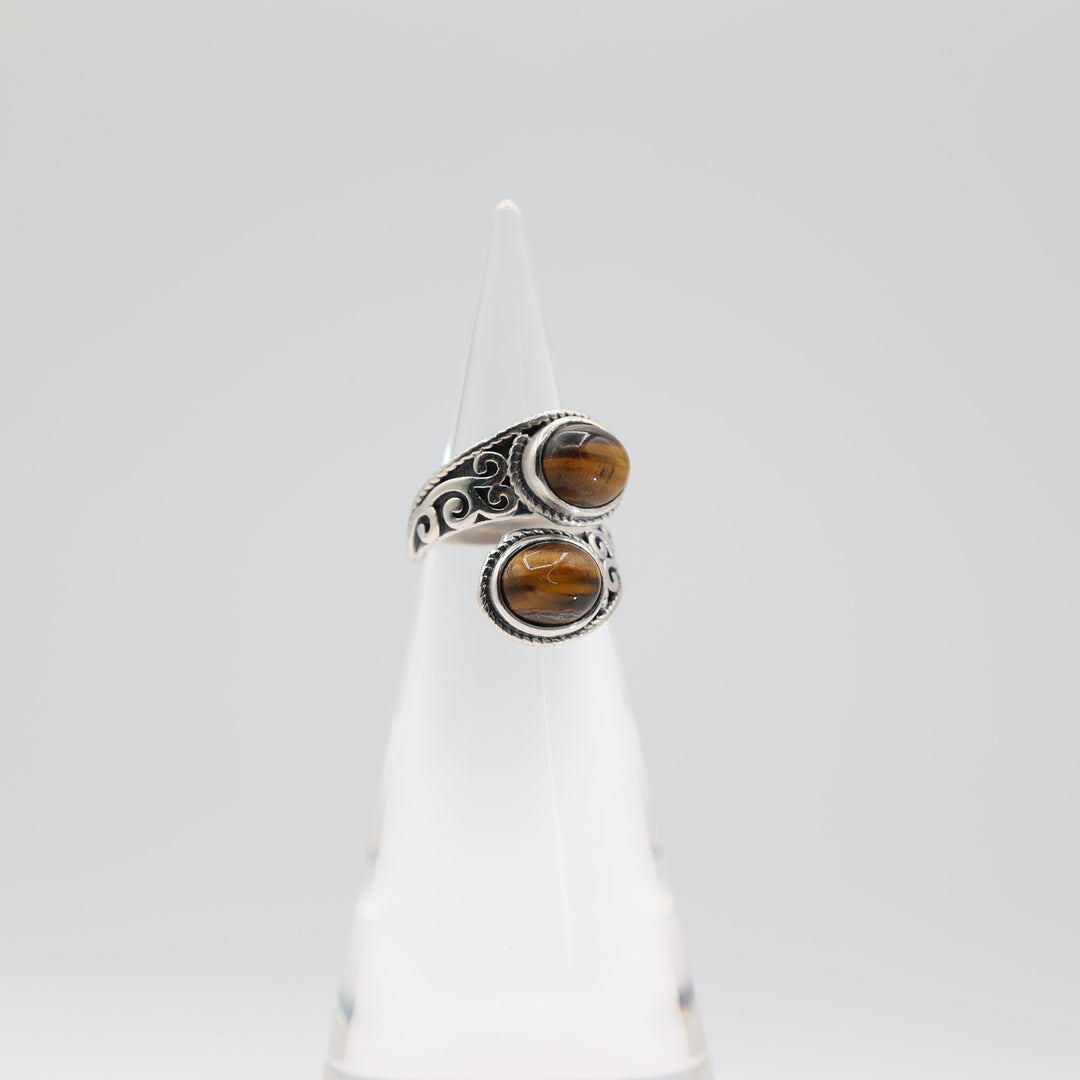 925 Sterling Silver Double Tigers Eye Stone Ring Size 6.25