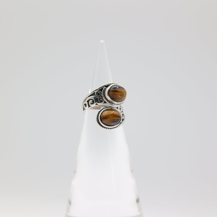 925 Sterling Silver Double Tigers Eye Stone Ring Size 6.25