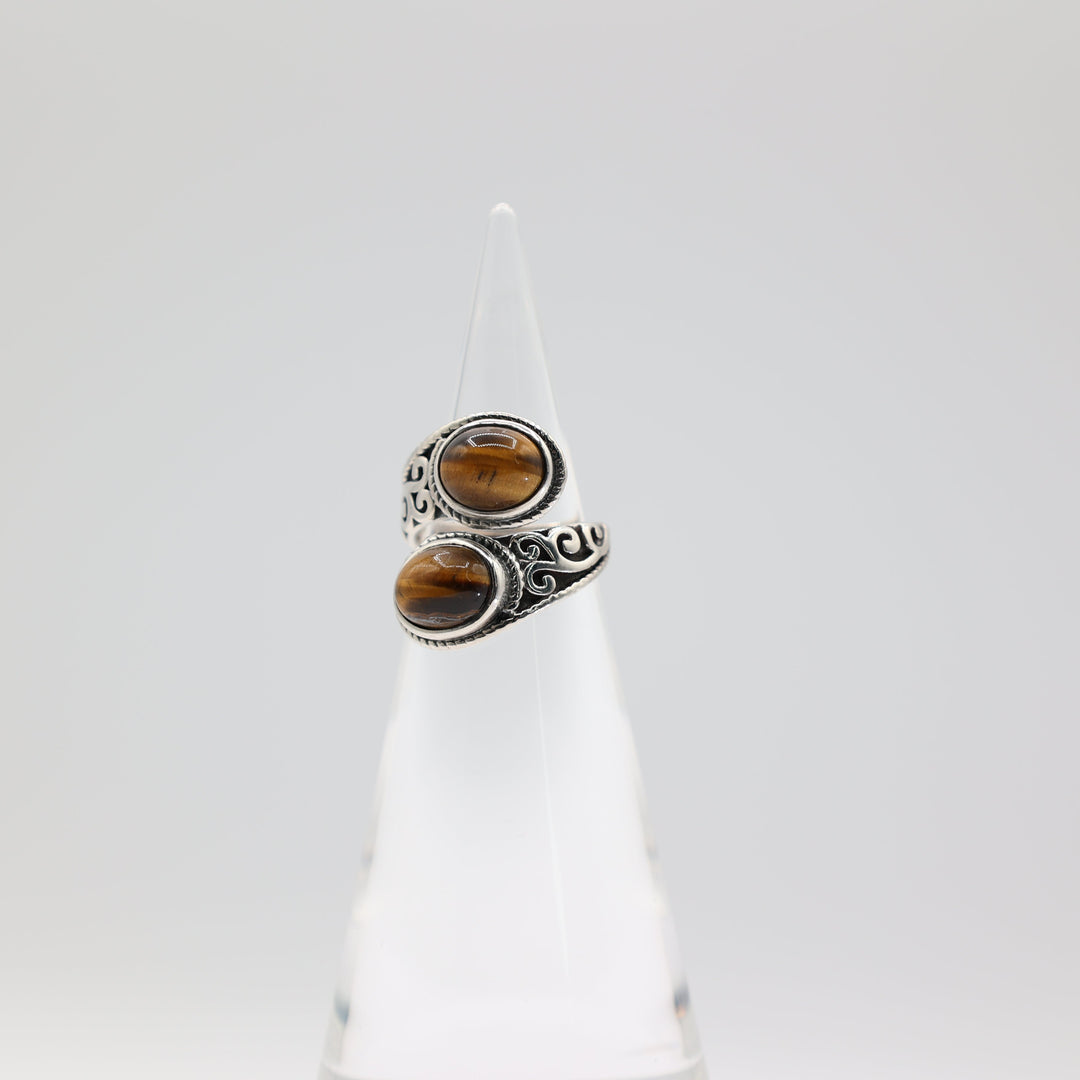 925 Sterling Silver Double Tigers Eye Stone Ring Size 6.25