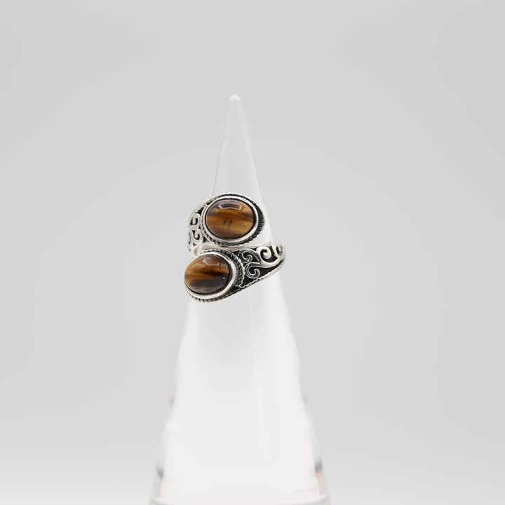 925 Sterling Silver Double Tigers Eye Stone Ring Size 6.25