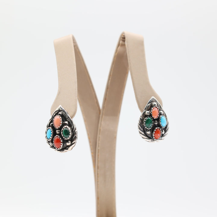 925 Sterling Silver Pear Cut Jade Malachite Coral and Turquoise Stone Earrings