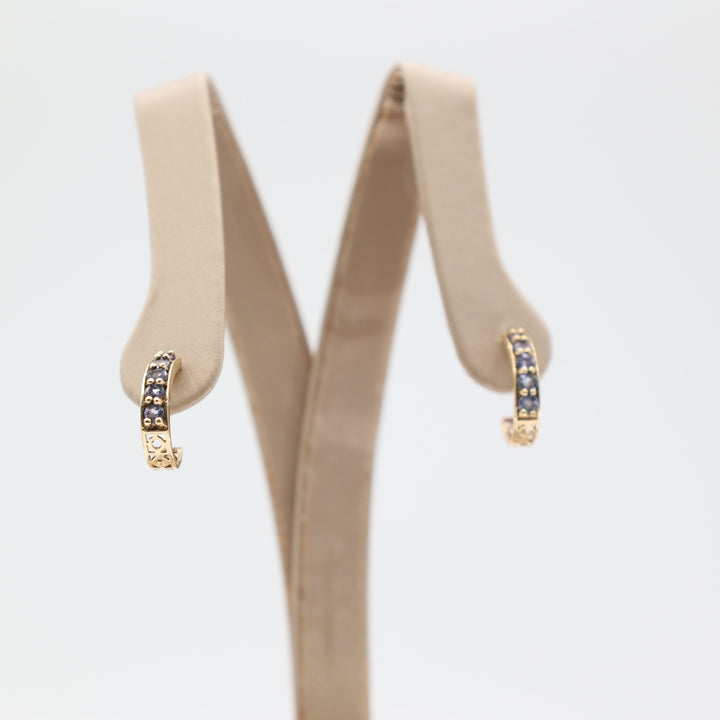 14k Yellow Gold Purple Five Stone Tourmaline Half Hoop Earrings