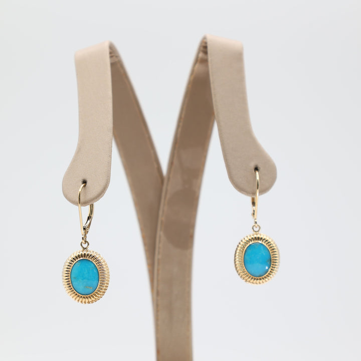14k Yellow Gold Oval Turquoise 9x7mm Lever Back Dangle Earrings