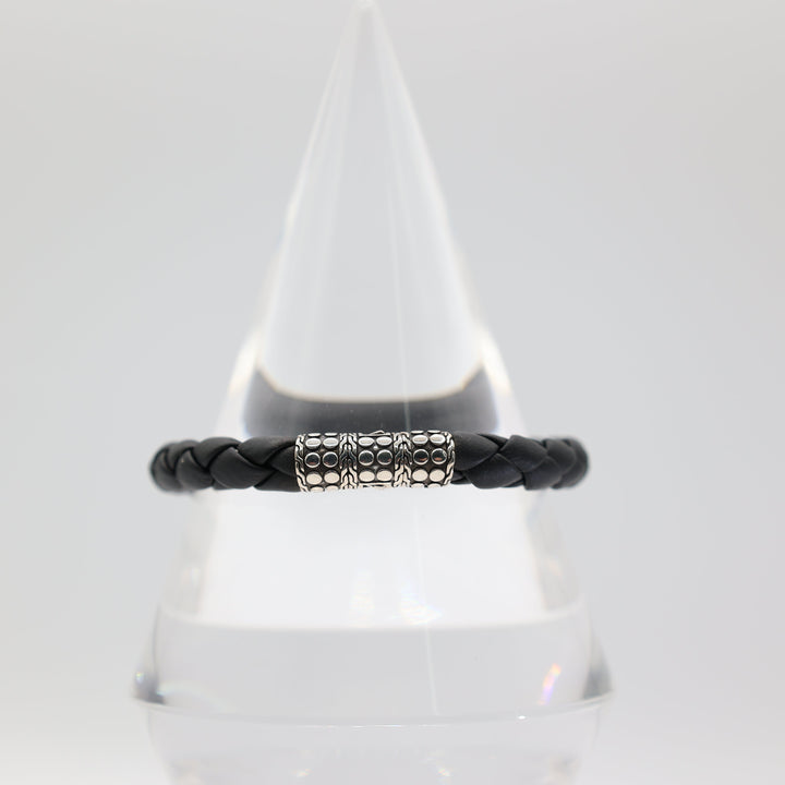 John Hardy 925 Sterling Silver Black Leather Cord Strap Bracelet 7 Inch
