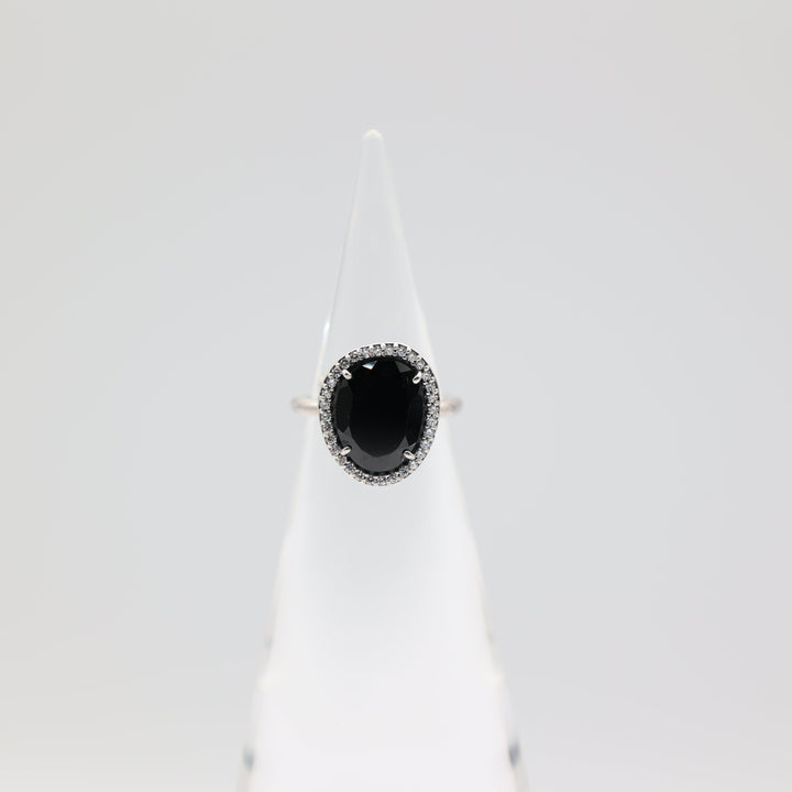925 Sterling Silver Black Onyx & CZ Halo Ring Size 6.5