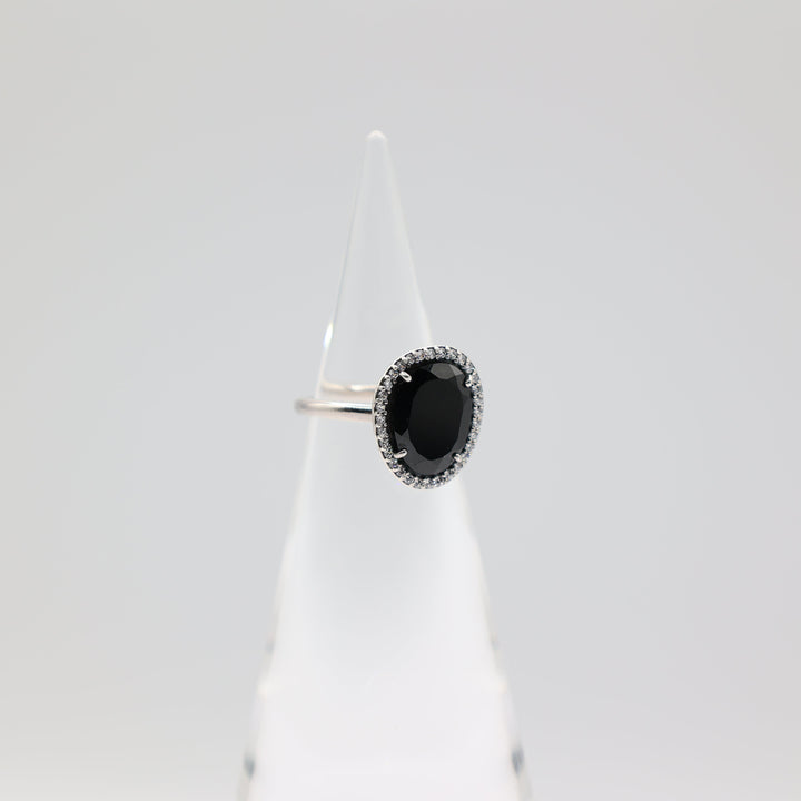 925 Sterling Silver Black Onyx & CZ Halo Ring Size 6.5