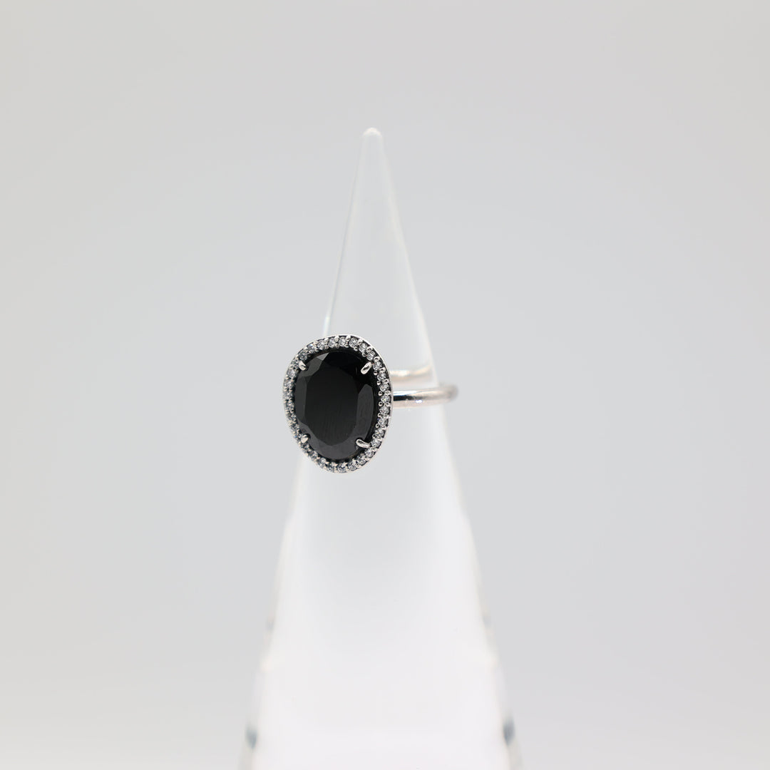 925 Sterling Silver Black Onyx & CZ Halo Ring Size 6.5