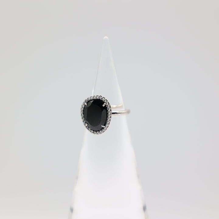 925 Sterling Silver Black Onyx & CZ Halo Ring Size 6.5