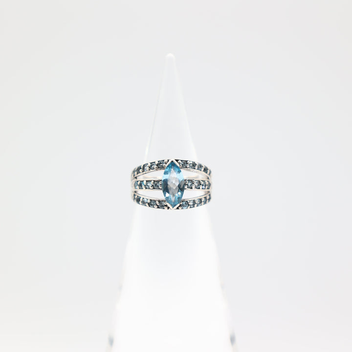925 Sterling Silver Marquise Blue Topaz Stone Triple Band Accents Ring Size 9