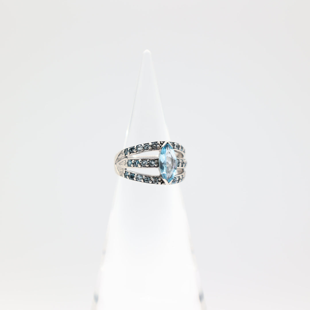 925 Sterling Silver Marquise Blue Topaz Stone Triple Band Accents Ring Size 9