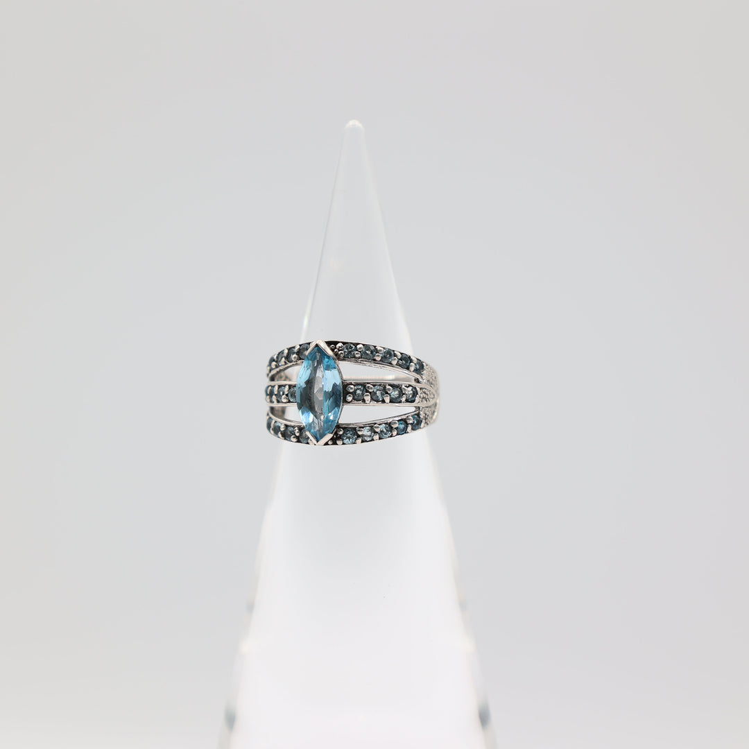 925 Sterling Silver Marquise Blue Topaz Stone Triple Band Accents Ring Size 9