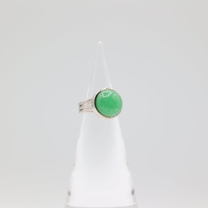 925 Sterling Silver 13.80 mm Jadeite Round Ring- Size 8- 9.25g