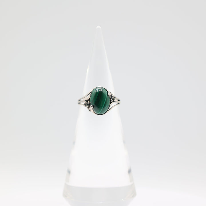 925 Sterling Silver 14x10mm Oval Green Malachite Stone Ring Size 10