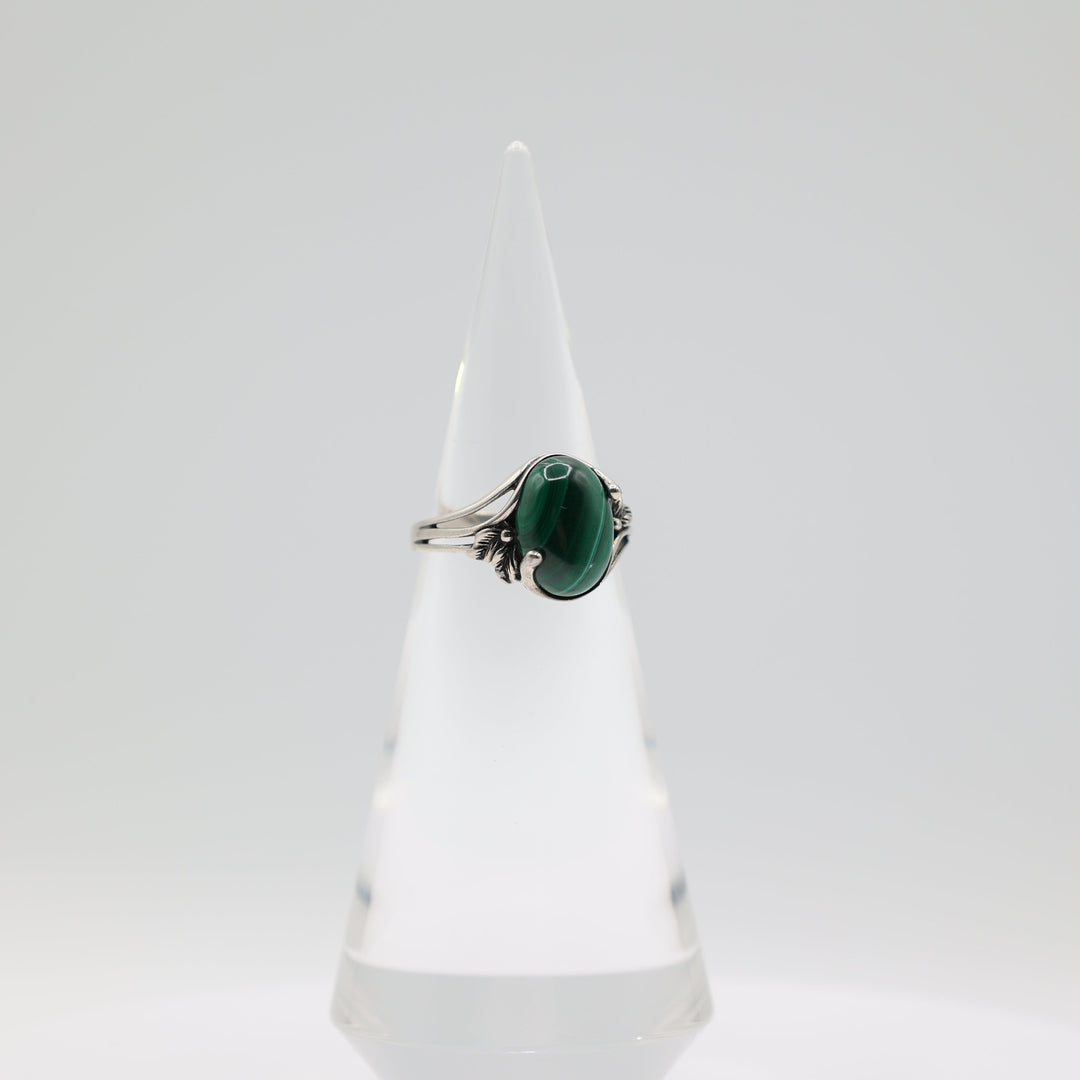 925 Sterling Silver 14x10mm Oval Green Malachite Stone Ring Size 10