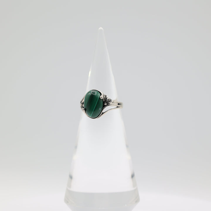 925 Sterling Silver 14x10mm Oval Green Malachite Stone Ring Size 10