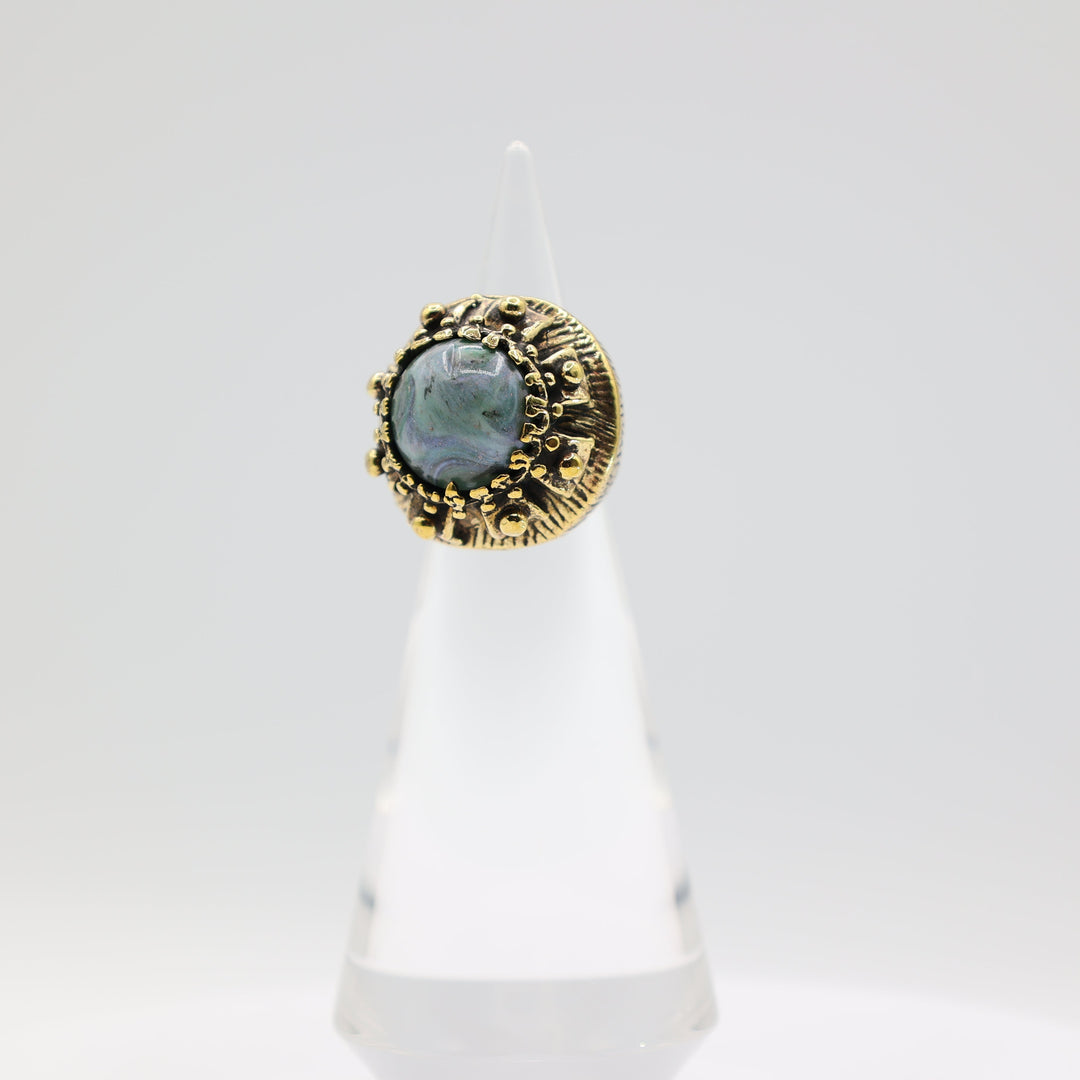 Costume Gold Tone Blue Green Marble Stone Statement Ring Size 7