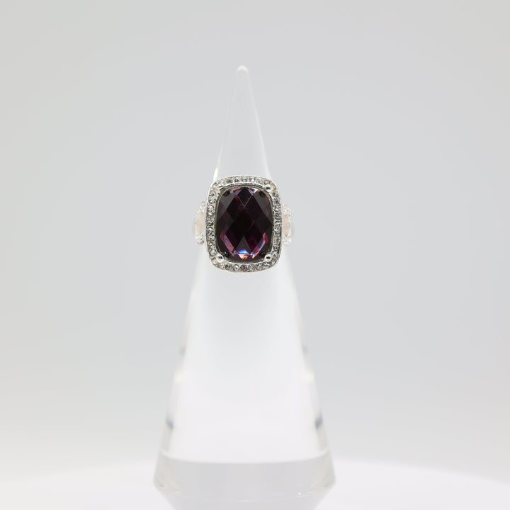 Costume Silver Tone Purple Stone with Rhinestone Halo Ring Size 7.5