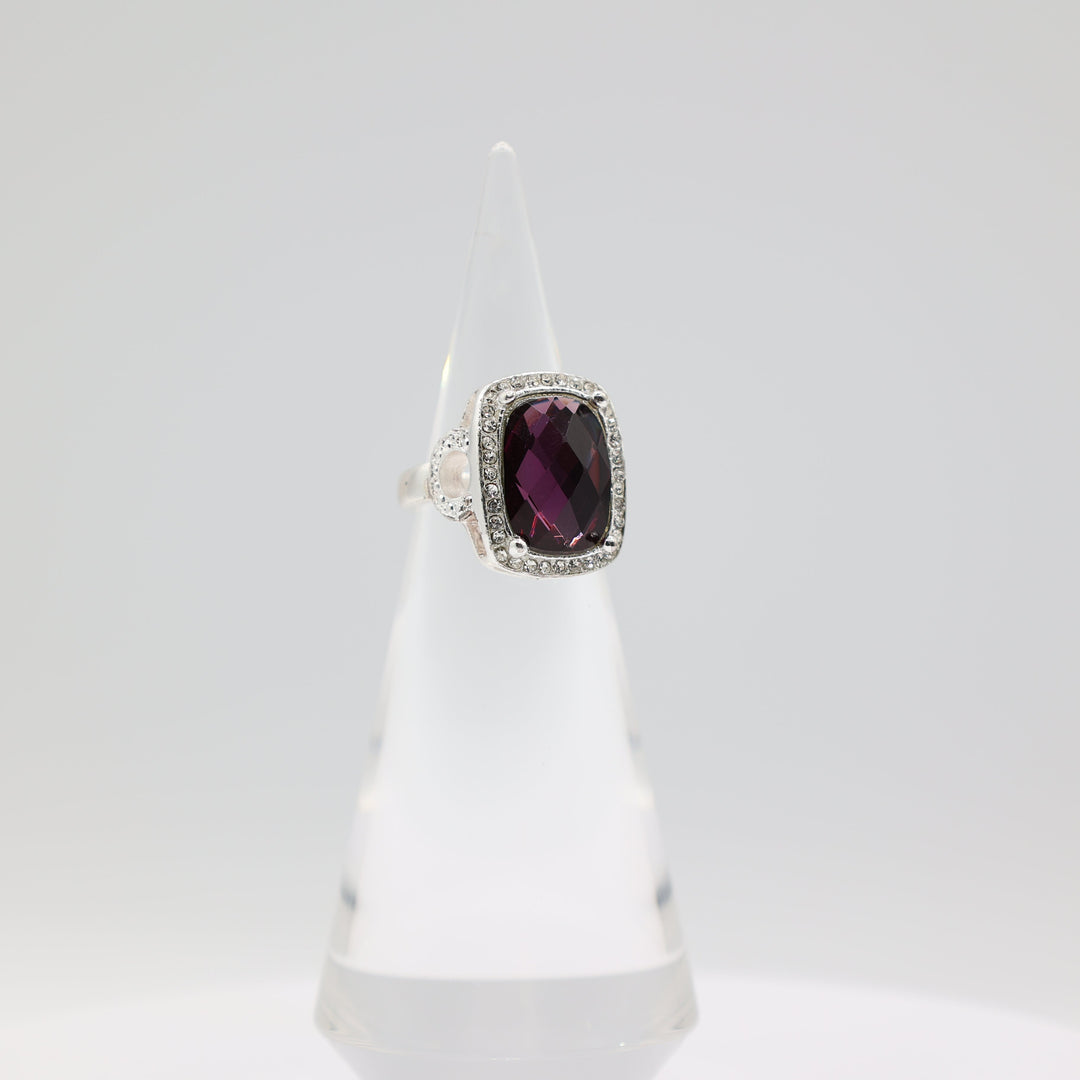Costume Silver Tone Purple Stone with Rhinestone Halo Ring Size 7.5