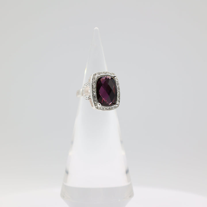 Costume Silver Tone Purple Stone with Rhinestone Halo Ring Size 7.5