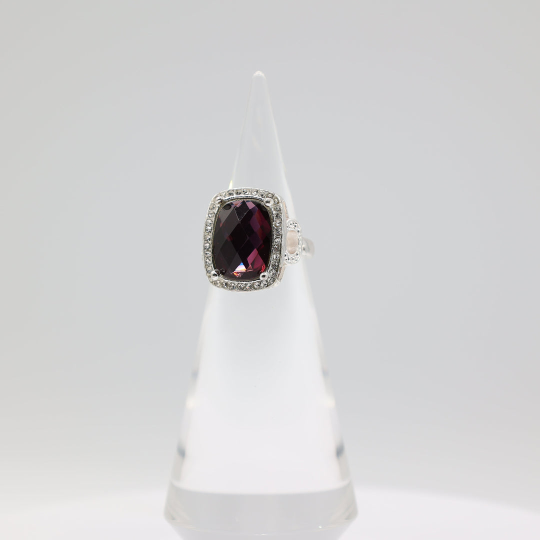 Costume Silver Tone Purple Stone with Rhinestone Halo Ring Size 7.5