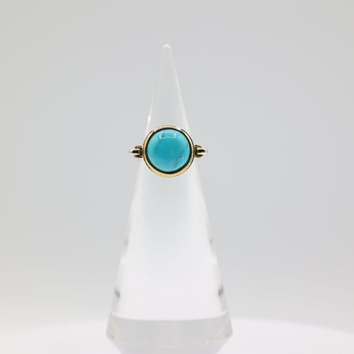 925 Sterling Silver & Gold Plated 13mm Faux Turquoise Stone Ring Size 7