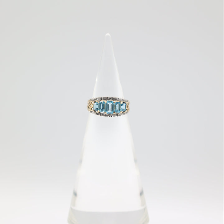 14K Gold 5 Stone Emerald Cut Blue Topaz Diamonds Ring 7.25