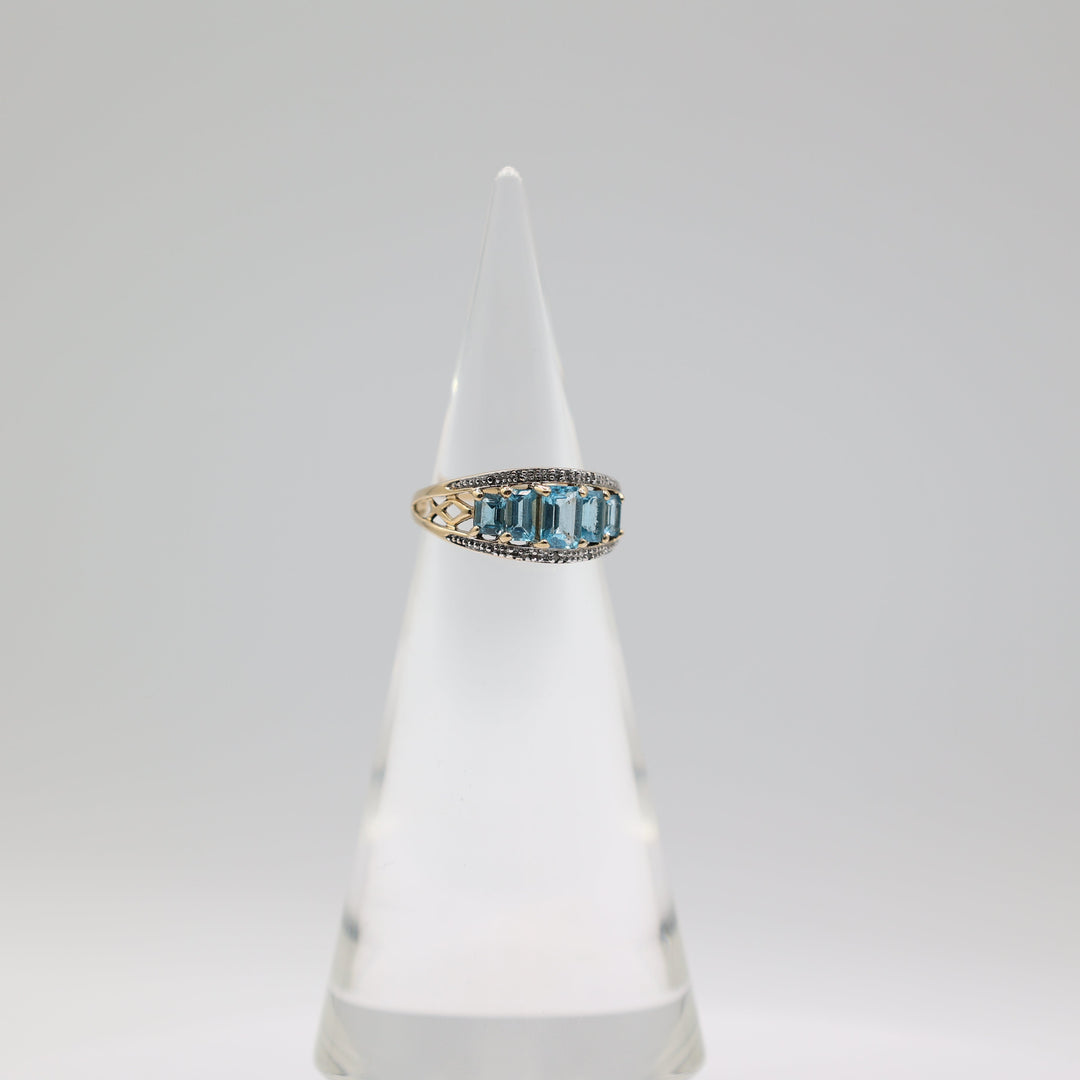 14K Gold 5 Stone Emerald Cut Blue Topaz Diamonds Ring 7.25