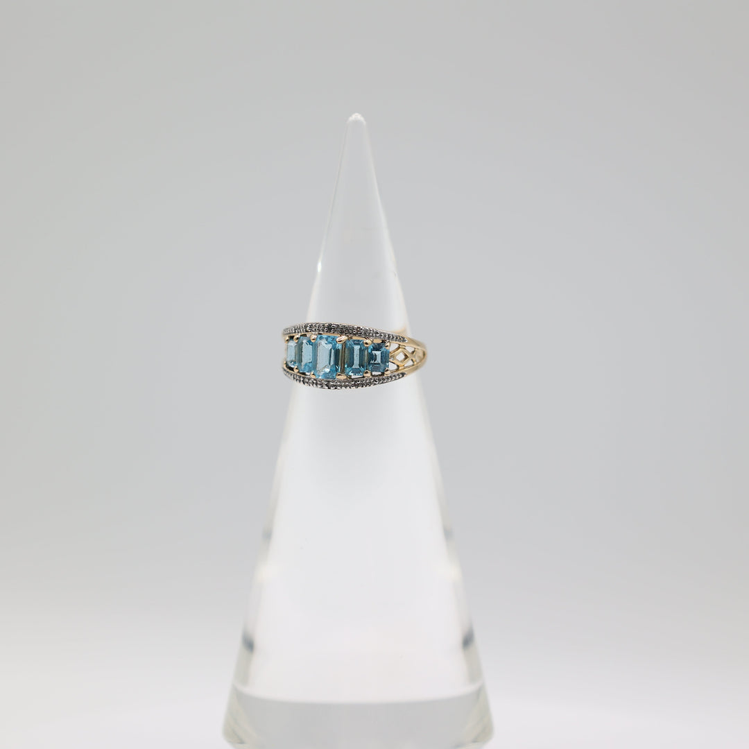 14K Gold 5 Stone Emerald Cut Blue Topaz Diamonds Ring 7.25